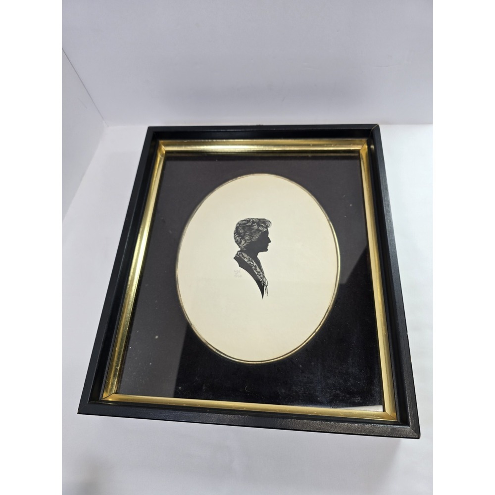 Vintage 1964 Hand Cut Silhouette Portrait Framed Black Gold Mid Century Wall Art
